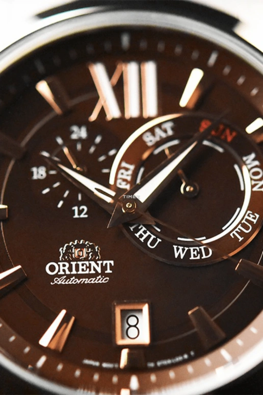 Orient,Other 42mm,42mm,Stainless Steel,Brown,Automatic,Date,Day,Dule Time,FET0X003T
