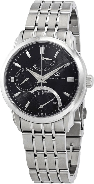 Orient,STAR 39.50mm,39.50mm,Stainless Steel,Black,Automatic,Date,Day,Power Reserve Indicator,Flyback,Sapphire,Crystal Glass,Round,SDE00002B0