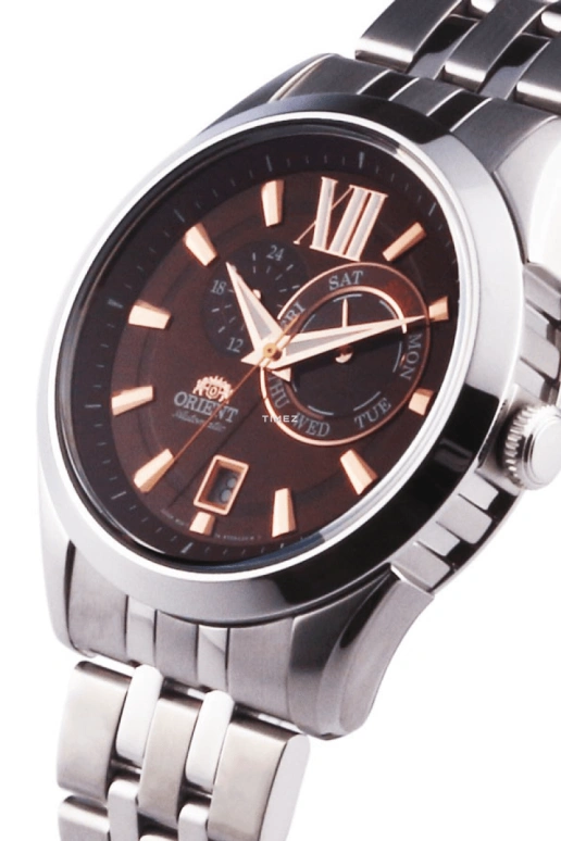 Orient,Other 42mm,42mm,Stainless Steel,Brown,Automatic,Date,Day,Dule Time,FET0X003T