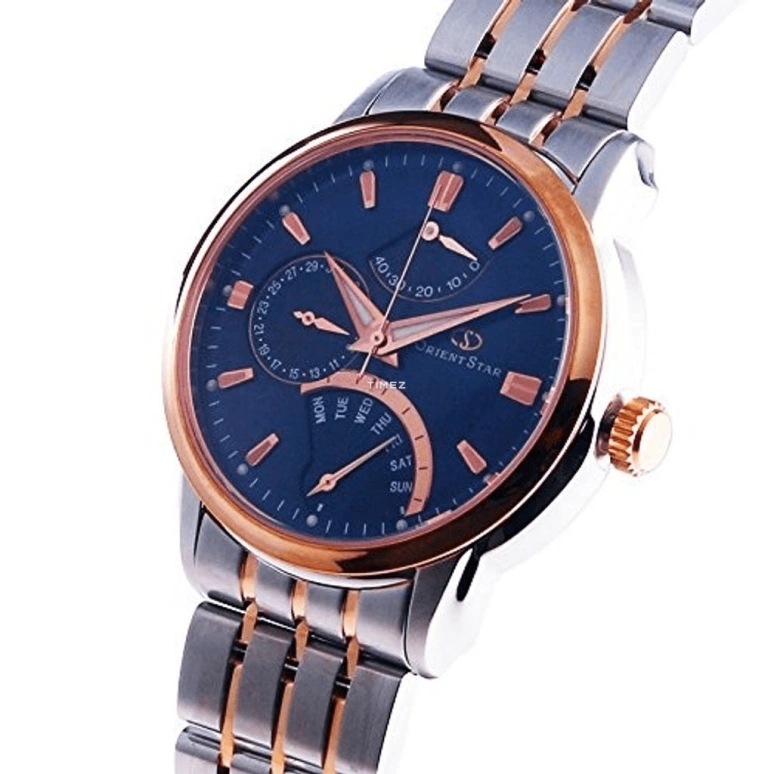 Orient,STAR 39.50mm,39.50mm,Stainless Steel,Blue,Handwound,Date,Day,Power Reserve Indicator,Flyback,Sapphire,Crystal Glass,Round,SDE00004D