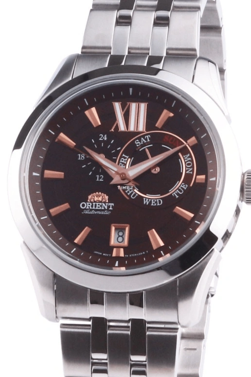 Orient,Other 42mm,42mm,Stainless Steel,Brown,Automatic,Date,Day,Dule Time,FET0X003T
