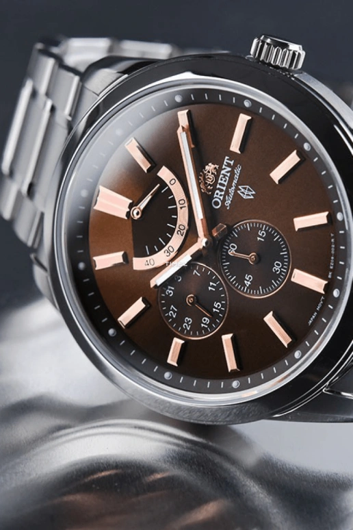 Orient,Classic 42mm,42mm,Stainless Steel,Brown,Automatic,Chronograph,Day,Power Reserve Indicator,FEZ08002T