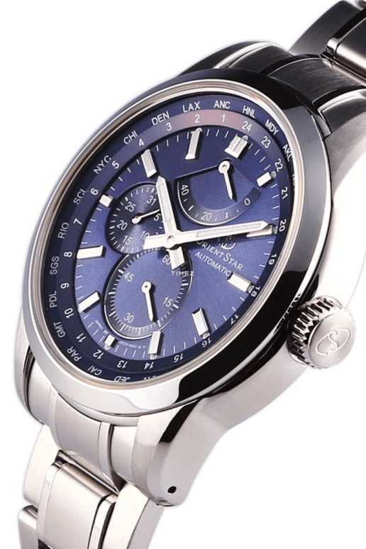 Orient,STAR 41.50mm,41.50mm,Stainless Steel,Blue,Handwound,Day,Power Reserve Indicator,Dule Time,World Time,Sapphire,Crystal Glass,Round,SJC00002D