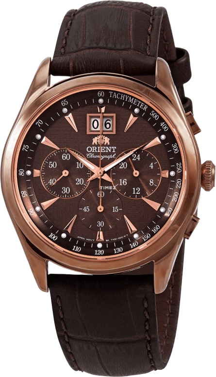 Orient,Classic 41.50mm,41.50mm,Stainless Steel,Rose Gold,Coffee,Quartz,Chronograph,Day,Big Date,FTV01001T