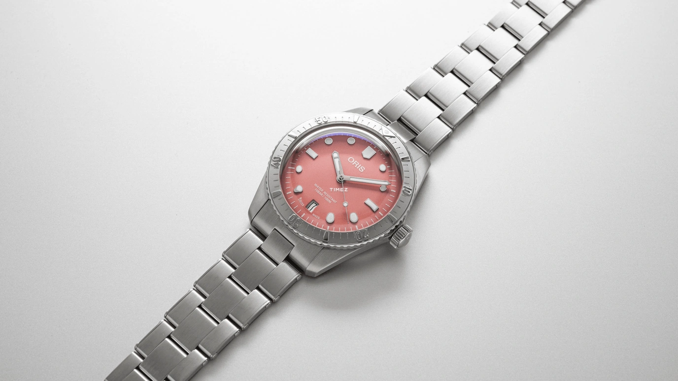 Oris,Divers 65 38mm,38mm,Stainless Steel,Pink,Automatic,Day,Sapphire,Crystal Glass,01 733 7771 4058,01 733 7771 4058-07 8 19 18