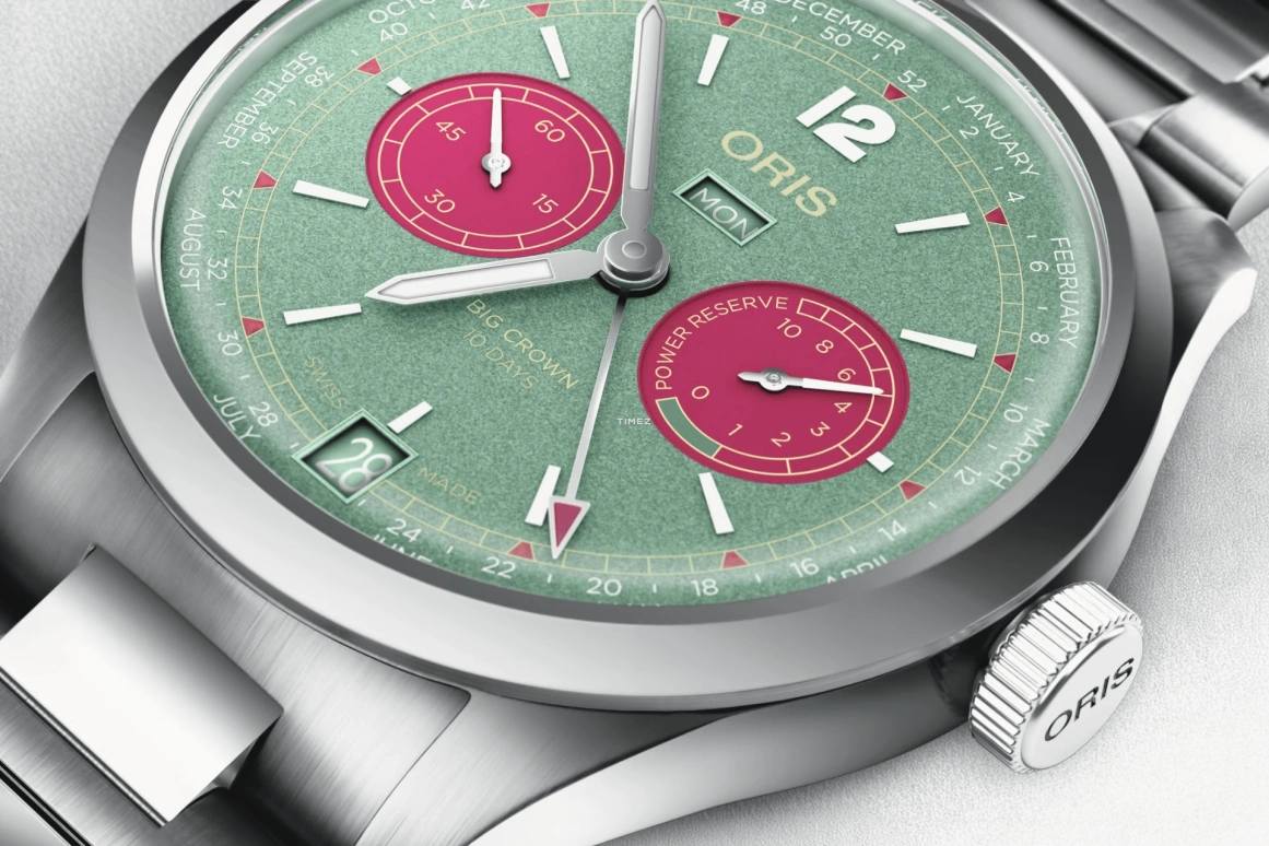 Oris,Big Crown 43mm,43mm,Stainless Steel,Dual,Green,Pink,Handwound,Chronograph,Date,Day,Power Reserve Indicator,240hours,In-house Caliber,01 113 7800 4057,01 113 7800 4057-07 8