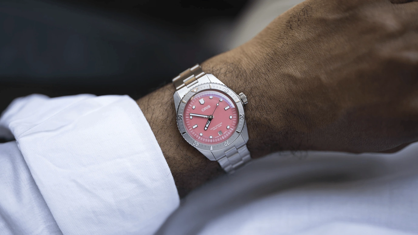 Oris,Divers 65 38mm,38mm,Stainless Steel,Pink,Automatic,Day,Sapphire,Crystal Glass,01 733 7771 4058,01 733 7771 4058-07 8 19 18