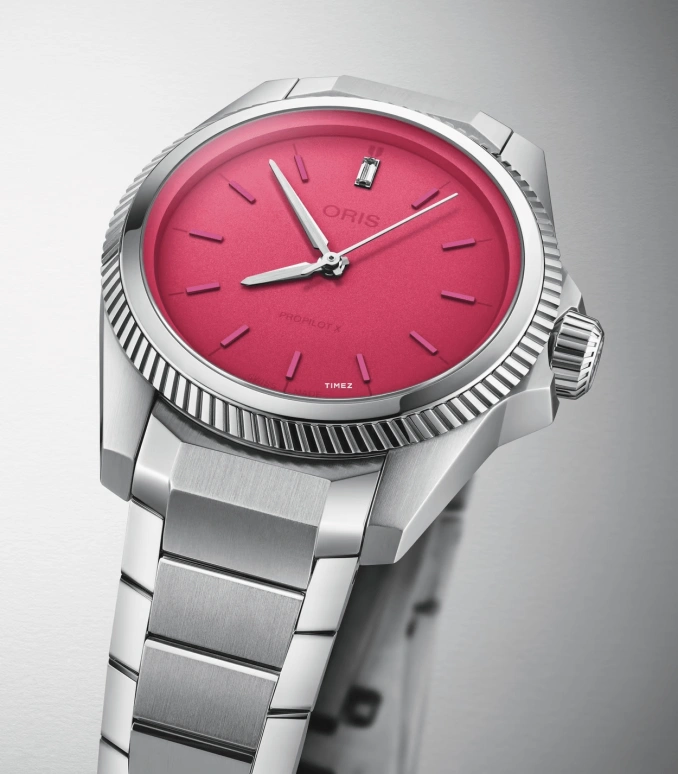 Oris,ProPilot X 34mm,34mm,Stainless Steel,Pink Red,Automatic,42hours,In-house Caliber,01 531 7796 4158,01 531 7796 4158-07 8 17 05LC