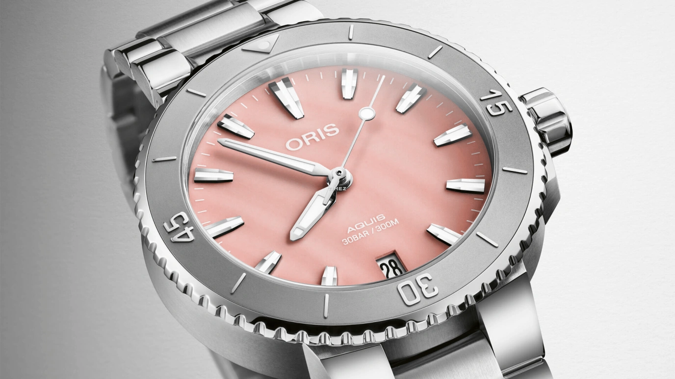 Oris,Aquis 36.50mm,36.50mm,Stainless Steel,Pink,Automatic,Day,41hours,01 733 7770 4158,01 733 7770 4158-07 8 18 05P