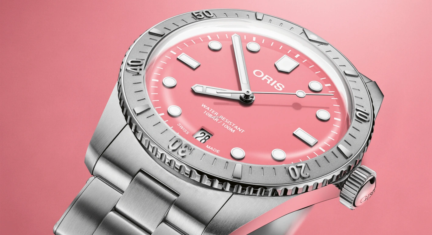Oris,Divers 65 38mm,38mm,Stainless Steel,Pink,Automatic,Day,Sapphire,Crystal Glass,01 733 7771 4058,01 733 7771 4058-07 8 19 18