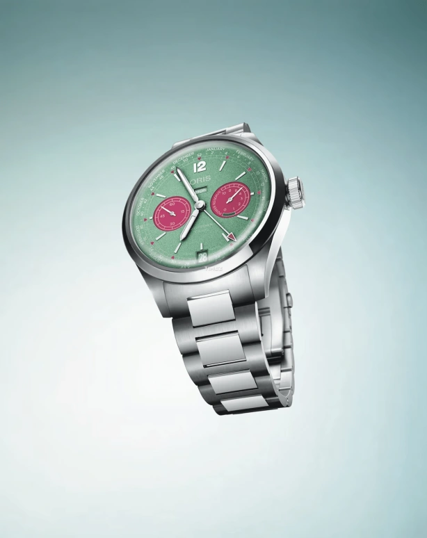 Oris,Big Crown 43mm,43mm,Stainless Steel,Dual,Green,Pink,Handwound,Chronograph,Date,Day,Power Reserve Indicator,240hours,In-house Caliber,01 113 7800 4057,01 113 7800 4057-07 8