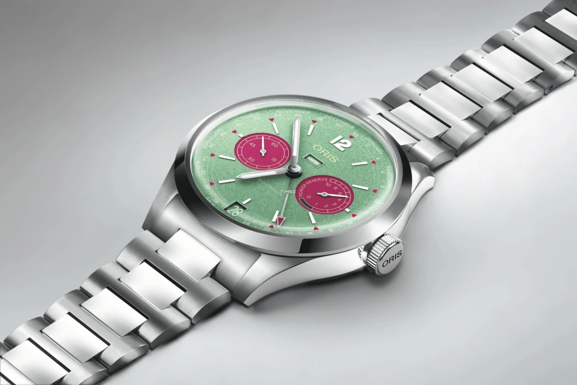 Oris,Big Crown 43mm,43mm,Stainless Steel,Dual,Green,Pink,Handwound,Chronograph,Date,Day,Power Reserve Indicator,240hours,In-house Caliber,01 113 7800 4057,01 113 7800 4057-07 8
