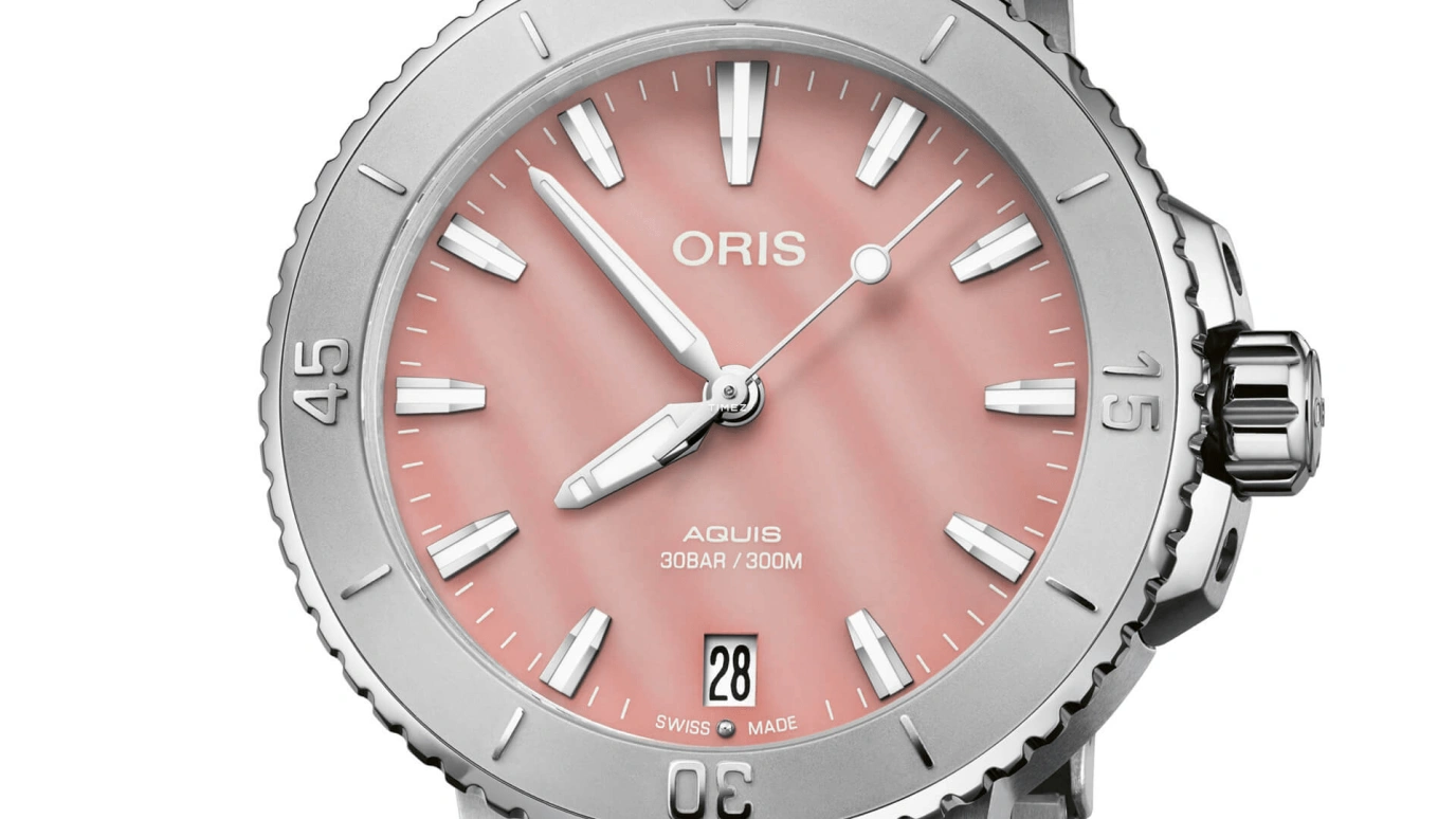 Oris,Aquis 36.50mm,36.50mm,Stainless Steel,Pink,Automatic,Day,41hours,01 733 7770 4158,01 733 7770 4158-07 8 18 05P