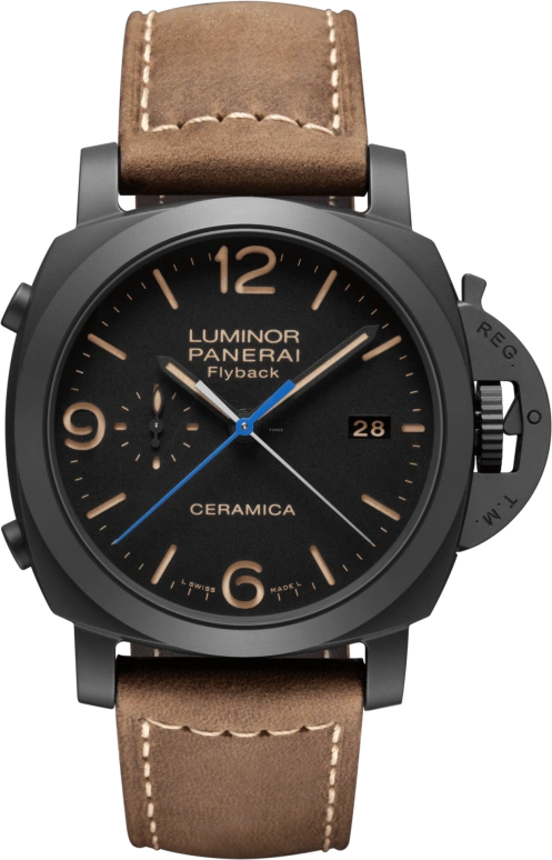 Panerai,Luminor 1950 44mm,44mm,Titanium,Ceramic,Black,Automatic,Chronograph,Date,Flyback,Column Wheel,72hours,In-house Caliber,PAM00580