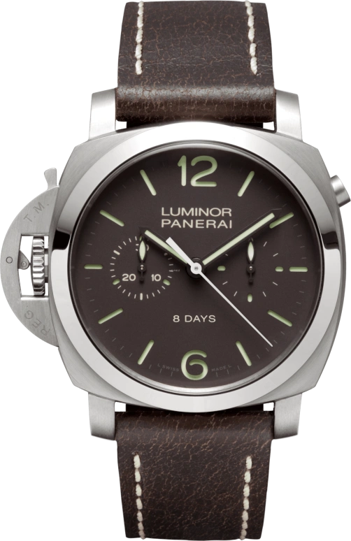 Panerai,Luminor 1950 44mm,44mm,Titanium,Brown,Handwound,Chronograph,Monopoussoir,Power Reserve Indicator,Column Wheel,192hours,In-house Caliber,PAM00345