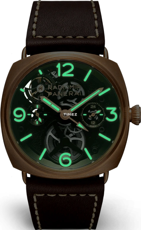 Panerai,Radiomir 45mm,45mm,Bronze,Skeleton,Handwound,Power Reserve Indicator,Dule Time,World Time,Tourbillon,Sapphire,Crystal Glass,Square,PAM01284