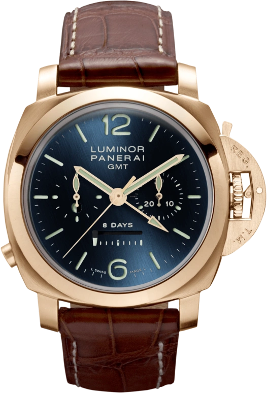 Panerai,Luminor 1950 44mm,44mm,Pink Gold,Blue,Handwound,Chronograph,Power Reserve Indicator,Dule Time,Day / Night Indication,192hours,In-house Caliber,PAM00277