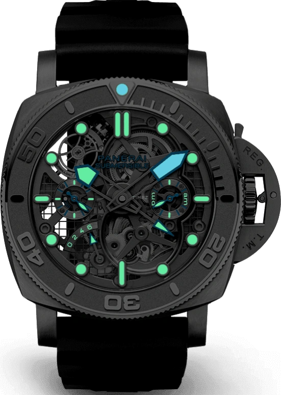 Panerai,Submersible 50mm,50mm,Stainless Steel,Skeleton,Handwound,Power Reserve Indicator,Dule Time,Tourbillon,Day / Night Indication,144hours,In-house Caliber,PAM01108