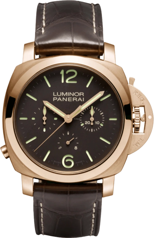 Panerai,Luminor 1950 44mm,44mm,Pink Gold,Brown,Handwound,Chronograph,Monopoussoir,Power Reserve Indicator,Column Wheel,192hours,In-house Caliber,PAM00344