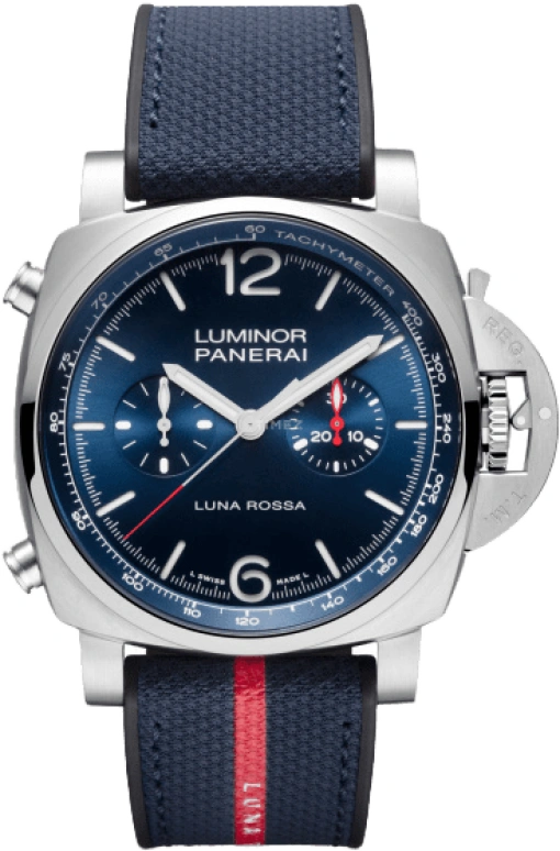 Panerai,Luminor 1950 44mm,44mm,Stainless Steel,Blue,Automatic,Chronograph,Date,Flyback,Column Wheel,72hours,In-house Caliber,PAM01303
