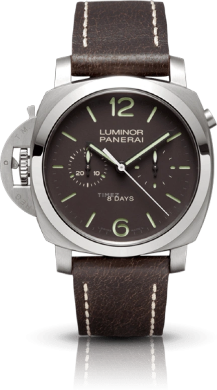 Panerai,Luminor 1950 44mm,44mm,Titanium,Brown,Handwound,Chronograph,Monopoussoir,Power Reserve Indicator,Column Wheel,192hours,In-house Caliber,PAM00345
