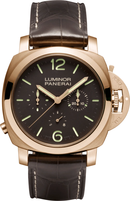 Panerai,Luminor 1950 44mm,44mm,Pink Gold,Brown,Handwound,Chronograph,Monopoussoir,Power Reserve Indicator,Column Wheel,192hours,In-house Caliber,PAM00344
