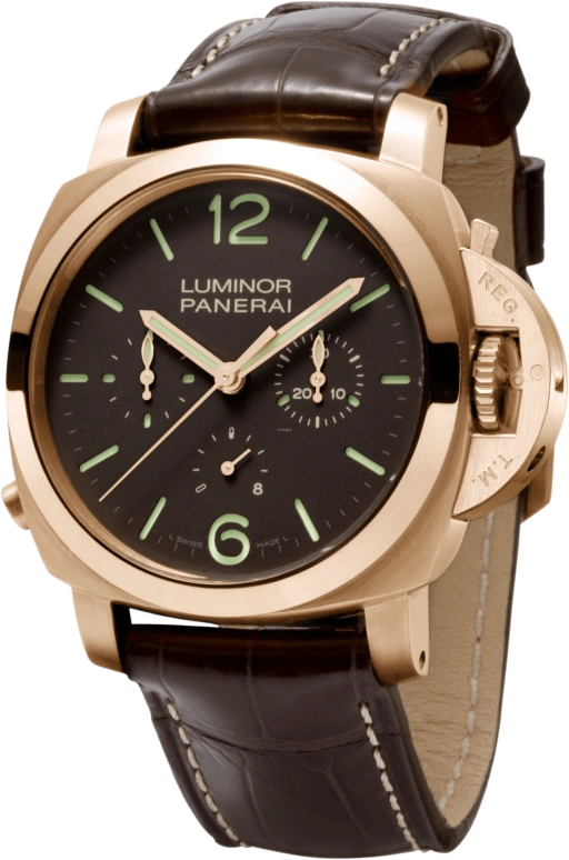 Panerai,Luminor 1950 44mm,44mm,Pink Gold,Brown,Handwound,Chronograph,Monopoussoir,Power Reserve Indicator,Column Wheel,192hours,In-house Caliber,PAM00344