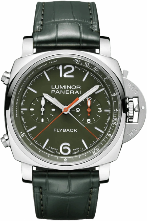 Panerai,Luminor 1950 44mm,44mm,Stainless Steel,Green,Automatic,Chronograph,Date,Flyback,Column Wheel,72hours,In-house Caliber,PAM01296