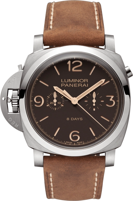 Panerai,Luminor 1950 47mm,47mm,Titanium,Brown,Handwound,Chronograph,Monopoussoir,Power Reserve Indicator,PAM00579