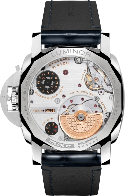 Panerai,Luminor 44mm,44mm,Platinumtech™,Platinum,Transparent,Blue,Automatic,Perpetual Calendar,Leap Year,Date,Day,72hours,In-house Caliber,PAM01575