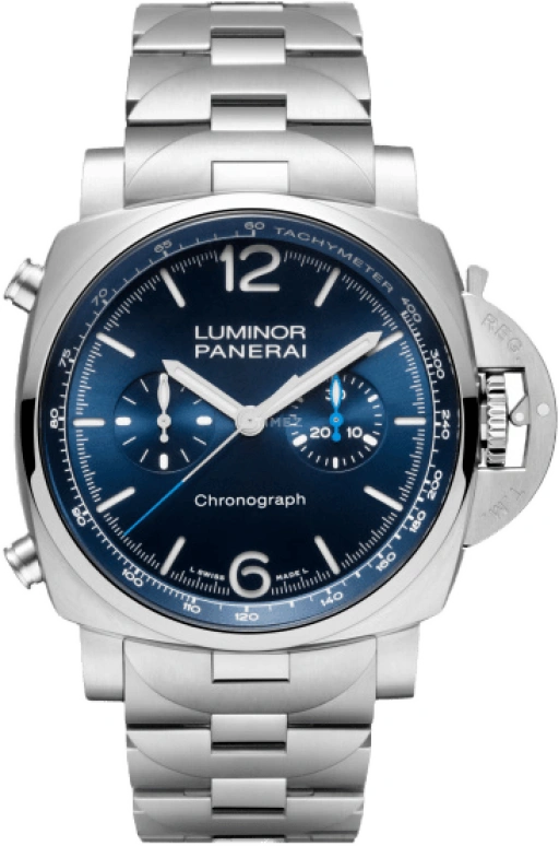 Panerai,Luminor 1950 44mm,44mm,Stainless Steel,Blue,Automatic,Chronograph,42hours,PAM01110