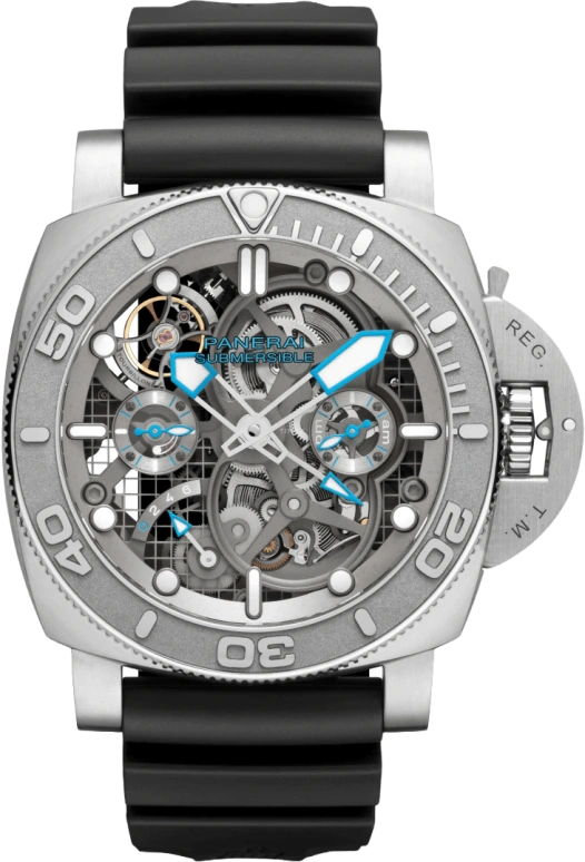 Panerai,Submersible 50mm,50mm,Stainless Steel,Skeleton,Handwound,Power Reserve Indicator,Dule Time,Tourbillon,Day / Night Indication,144hours,In-house Caliber,PAM01108