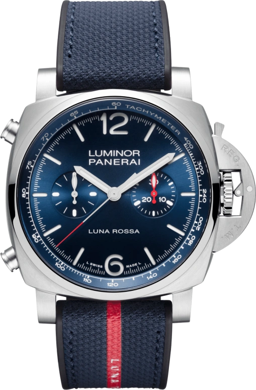 Panerai,Luminor 1950 44mm,44mm,Stainless Steel,Blue,Automatic,Chronograph,Date,Flyback,Column Wheel,72hours,In-house Caliber,PAM01303