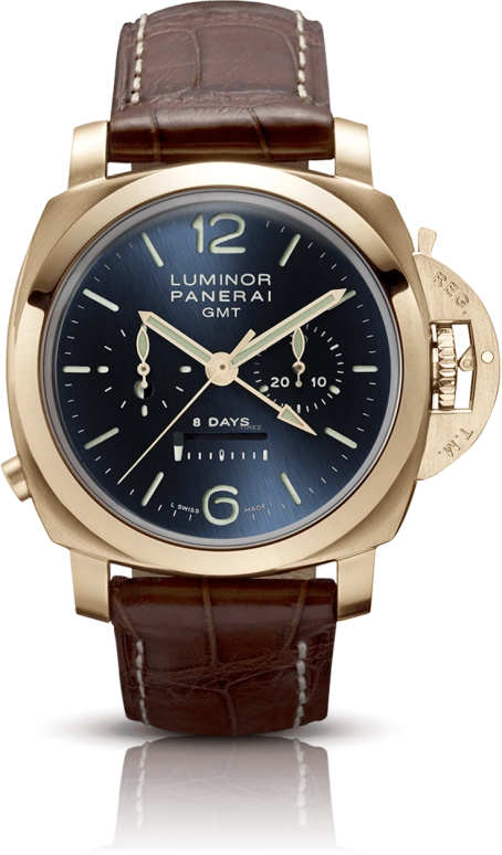Panerai,Luminor 1950 44mm,44mm,Pink Gold,Blue,Handwound,Chronograph,Power Reserve Indicator,Dule Time,Day / Night Indication,192hours,In-house Caliber,PAM00277