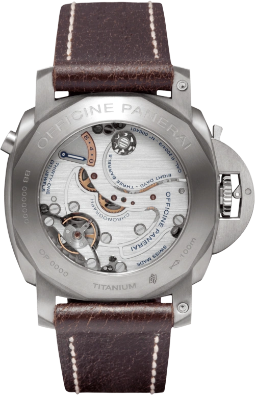 Panerai,Luminor 1950 44mm,44mm,Titanium,Brown,Handwound,Chronograph,Monopoussoir,Power Reserve Indicator,Column Wheel,192hours,In-house Caliber,PAM00345