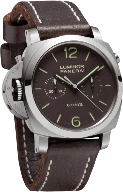 Panerai,Luminor 1950 44mm,44mm,Titanium,Brown,Handwound,Chronograph,Monopoussoir,Power Reserve Indicator,Column Wheel,192hours,In-house Caliber,PAM00345