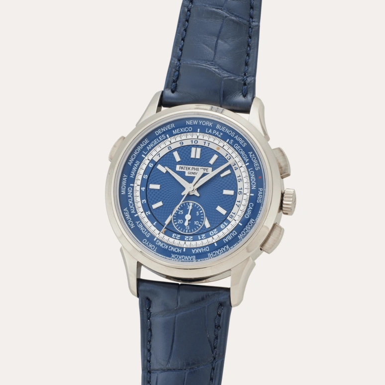 Patek Philippe,Complications 39.50mm,39.50mm,White Gold,Blue,Automatic,Chronograph,World Time,Flyback,Day / Night Indication,50～55hours,In-house Caliber,5930G,5930G-001