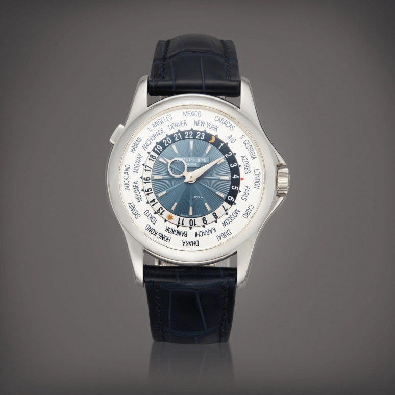 Patek Philippe,Complications 39.50mm,39.50mm,Platinum,Blue,Silver White,Automatic,World Time,Day / Night Indication,5130P,5130P-001