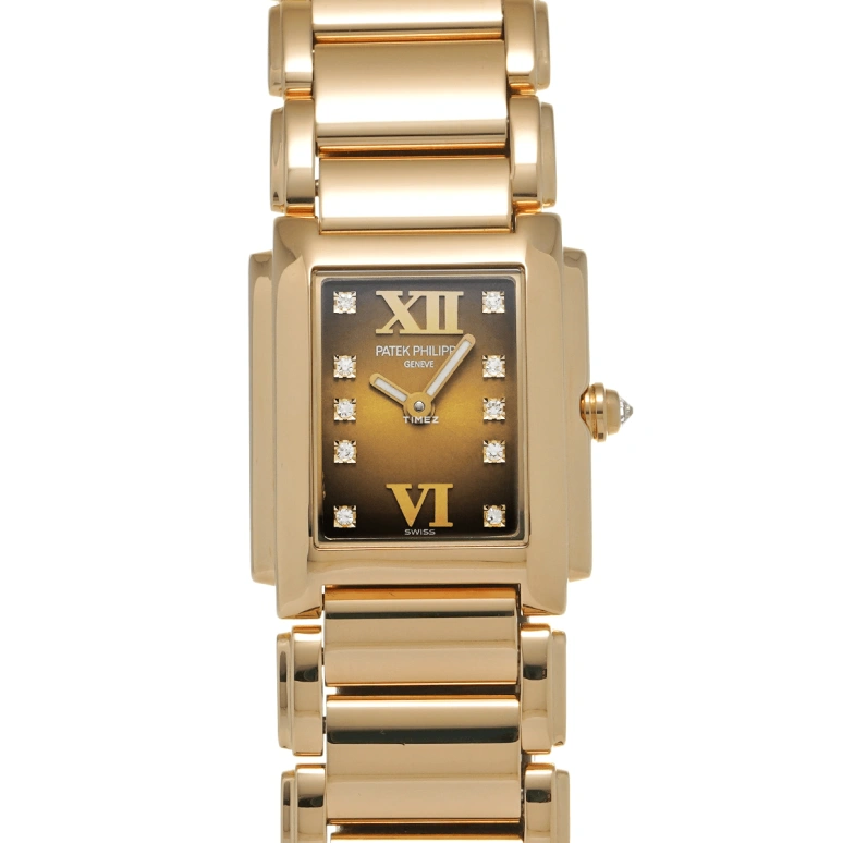 Patek Philippe,Twenty~4 26.30x22mm,26.30x22mm,Yellow Gold,Brown,Gradient,Quartz,In-house Caliber,Sapphire,Crystal Glass,4907,4907/1J-010