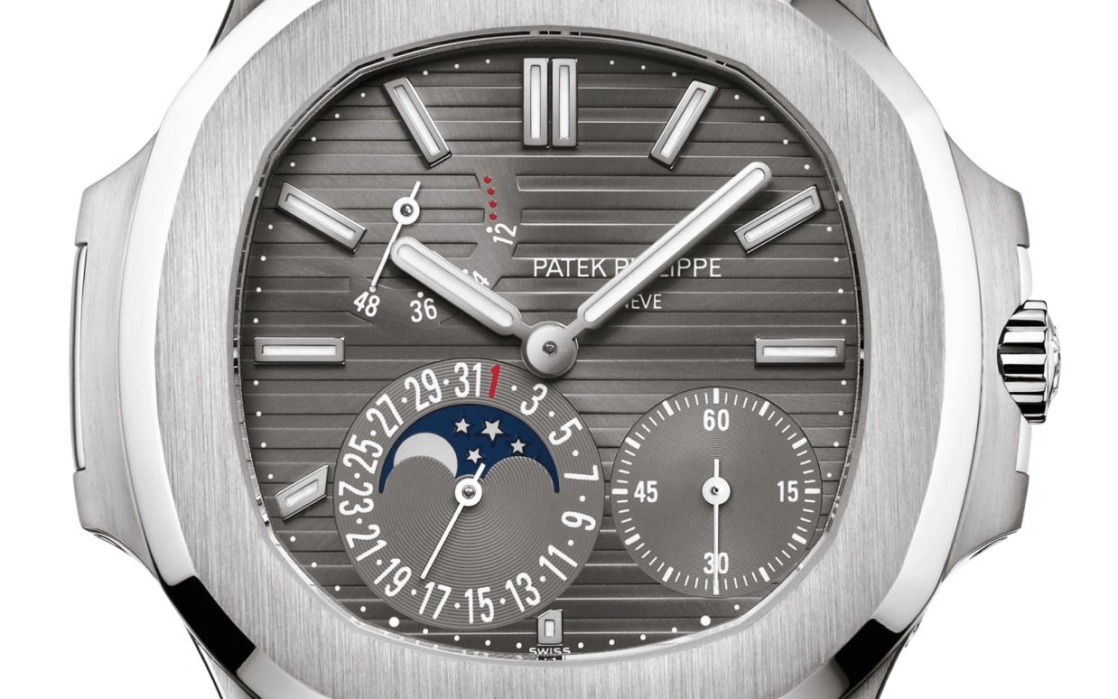 Patek Philippe,Nautilus 40mm,40mm,White Gold,Grey,Automatic,Moonphase,Day,Power Reserve Indicator,5712G,5712G-001