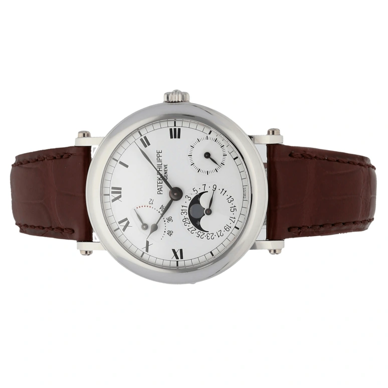 Patek Philippe,Complications 35.60mm,35.60mm,Platinum,White,Handwound,Moonphase,Day,Power Reserve Indicator,5054P,5054P-001