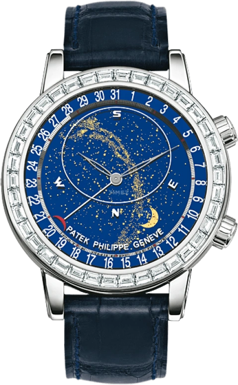 Patek Philippe,Grand Complications 44mm,44mm,White Gold,Blue,Automatic,Moonphase,Day,Sky Chart,6104G,6104G-001