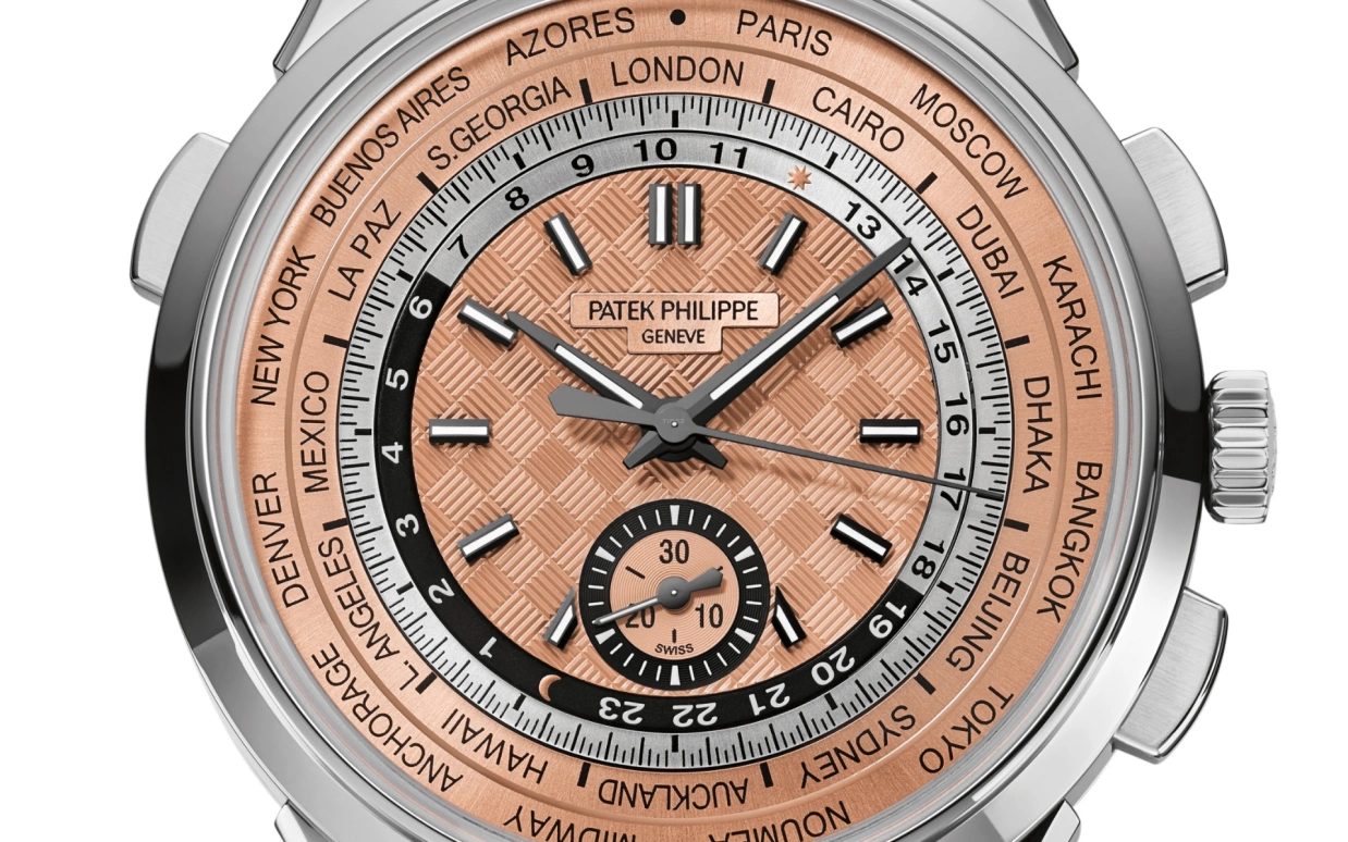 Patek Philippe,Complications 41mm,41mm,Stainless Steel,Salmon,Automatic,Chronograph,World Time,Flyback,Day / Night Indication,55hours,In-house Caliber,Harry Kane,5935A,5935A-001