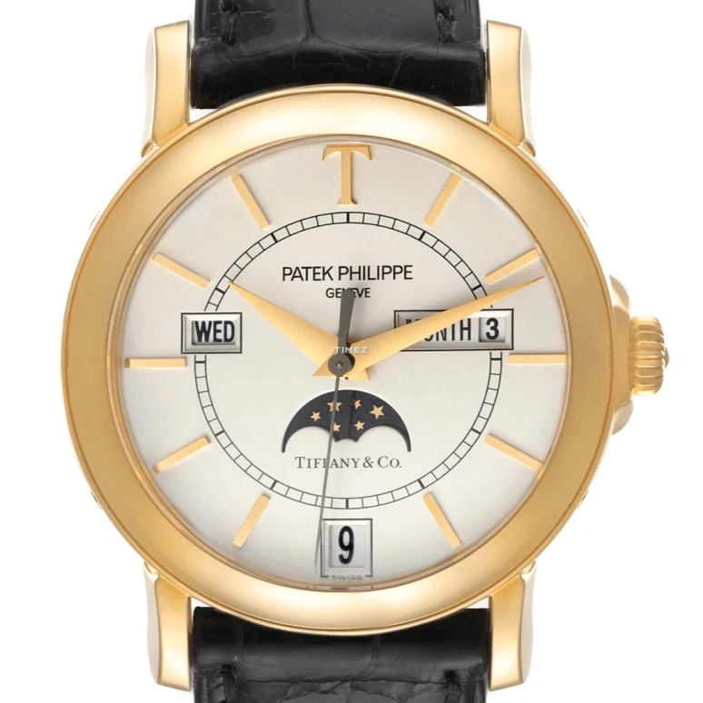 Patek Philippe,Complications 36mm,36mm,Yellow Gold,Silver White,Automatic,Moonphase,Annual Calendar,Month,Date,In-house Caliber,Sapphire,Crystal Glass,5150J,5150J-TiffanyCo