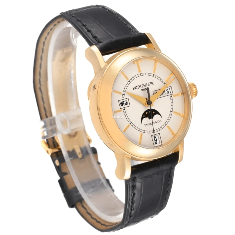 Patek Philippe,Complications 36mm,36mm,Yellow Gold,Silver White,Automatic,Moonphase,Annual Calendar,Month,Date,In-house Caliber,Sapphire,Crystal Glass,5150J,5150J-TiffanyCo