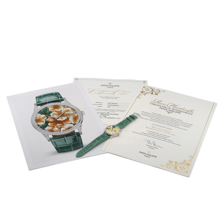 Patek Philippe,Calatrava 38mm,38mm,White Gold,Multi-Color,Green,Yellow,Automatic,48hours,In-house Caliber,5077100G,5077100G-039