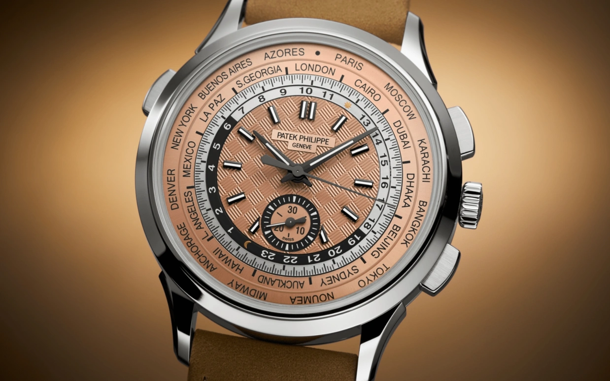 Patek Philippe,Complications 41mm,41mm,Stainless Steel,Salmon,Automatic,Chronograph,World Time,Flyback,Day / Night Indication,55hours,In-house Caliber,Harry Kane,5935A,5935A-001