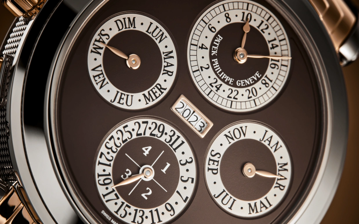 Patek Philippe,Grand Complications 47.70mm,47.70mm,White Gold,Rose Gold,Brown,Handwound,Moonphase,Perpetual Calendar,Leap Year,Annual Calendar,72hours,In-house Caliber,6300GR,6300GR-001