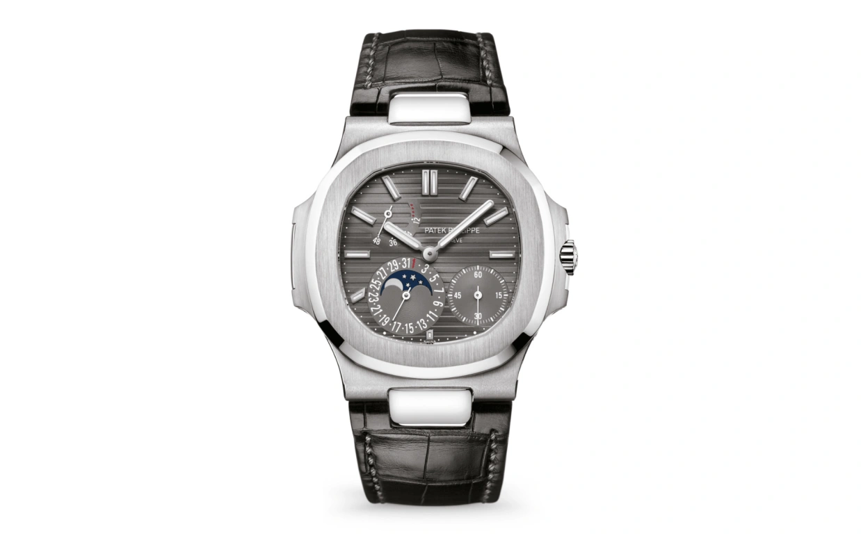 Patek Philippe,Nautilus 40mm,40mm,White Gold,Grey,Automatic,Moonphase,Day,Power Reserve Indicator,5712G,5712G-001