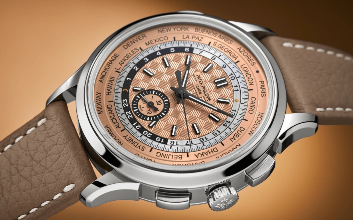 Patek Philippe,Complications 41mm,41mm,Stainless Steel,Salmon,Automatic,Chronograph,World Time,Flyback,Day / Night Indication,55hours,In-house Caliber,Harry Kane,5935A,5935A-001
